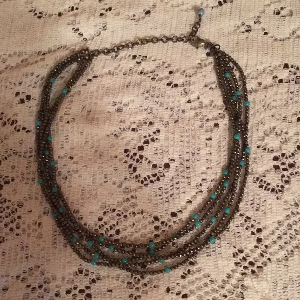 Bronze and torquoise colored beaded necklace